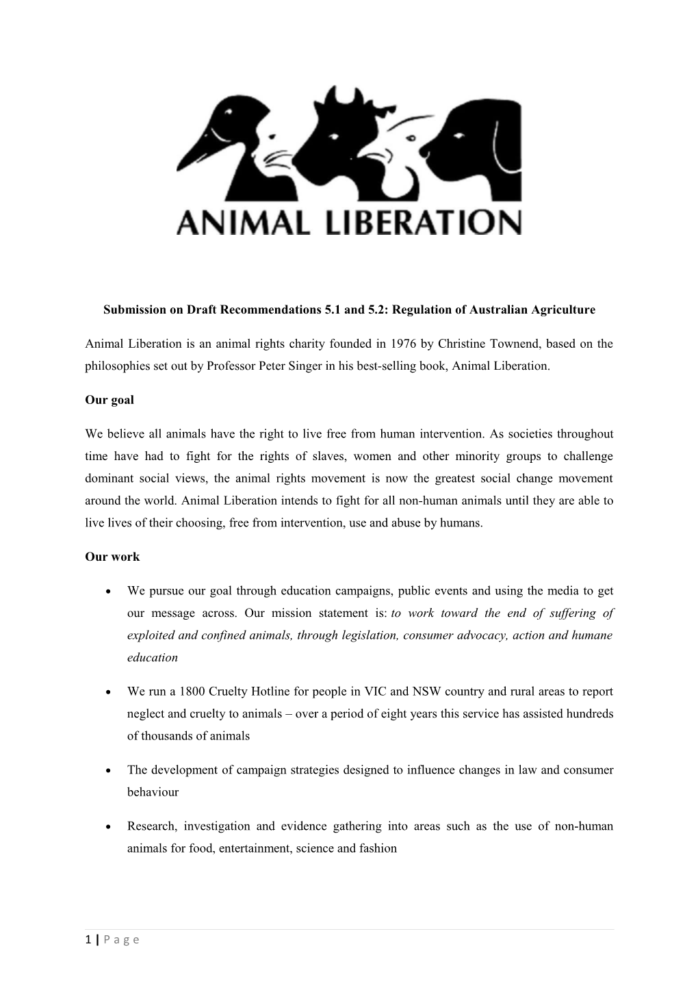 Submission DR143 - Animal Liberation - Regulation of Agriculture - Public Inquiry