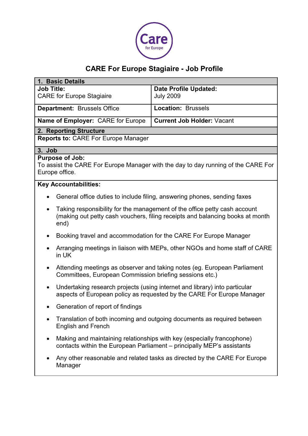 CARE for Europe Stagiaire - Job Profile