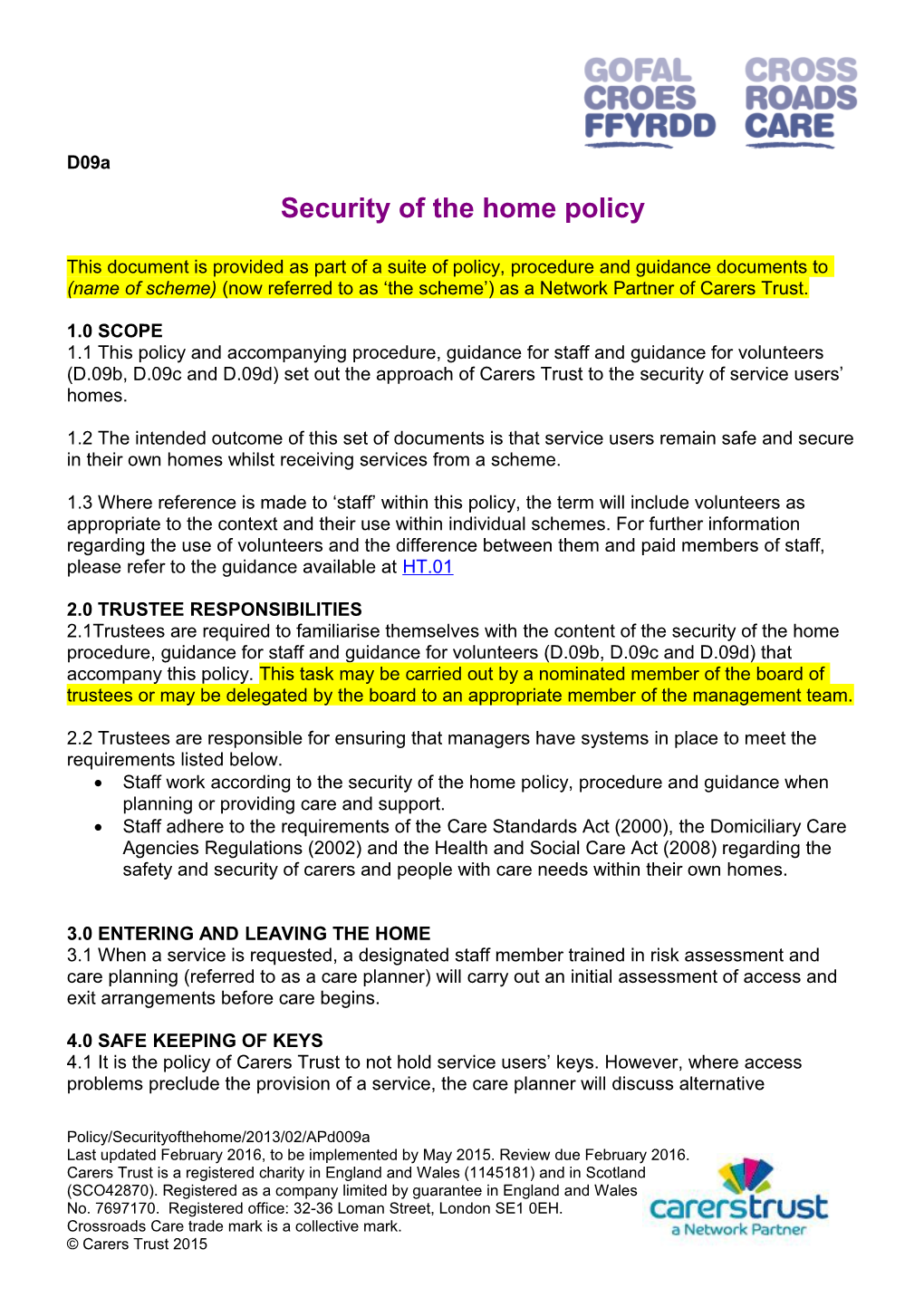 Crossroads Care Security of the Home Policy