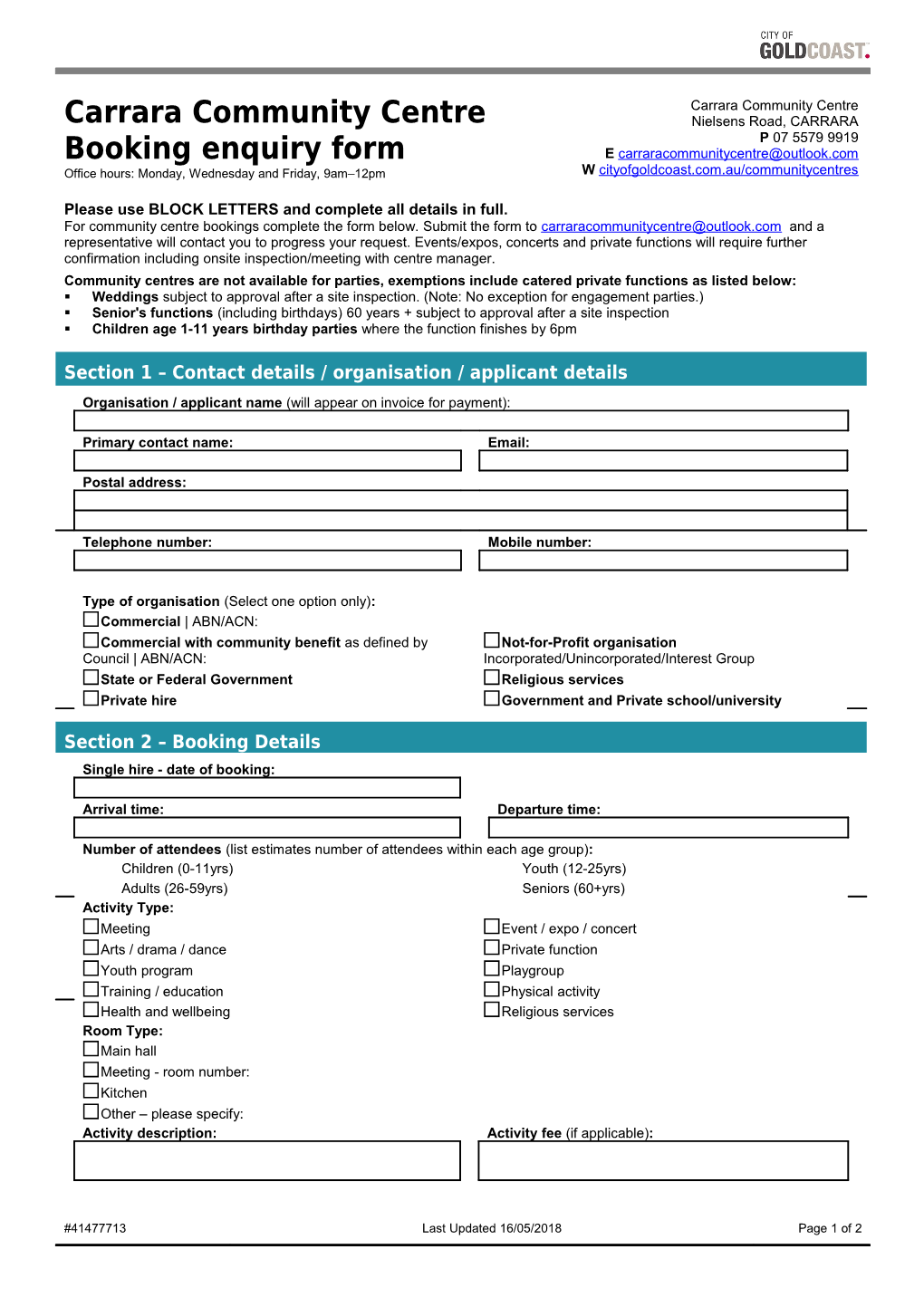 Carrara Community Centre Booking Enquiry Form