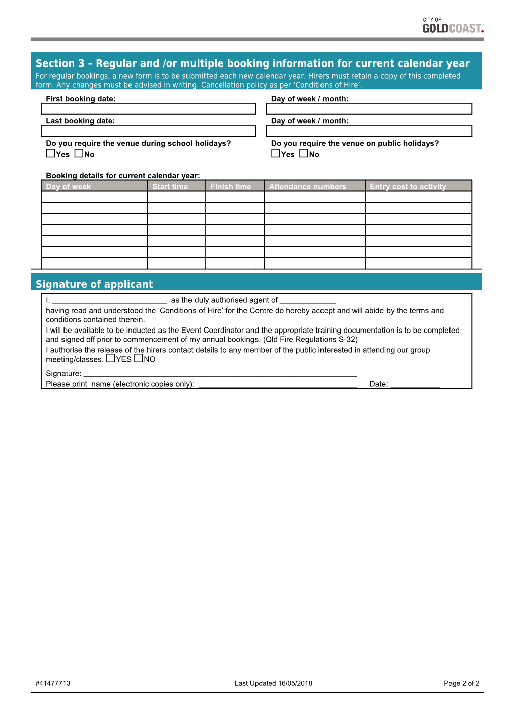 Carrara Community Centre Booking Enquiry Form