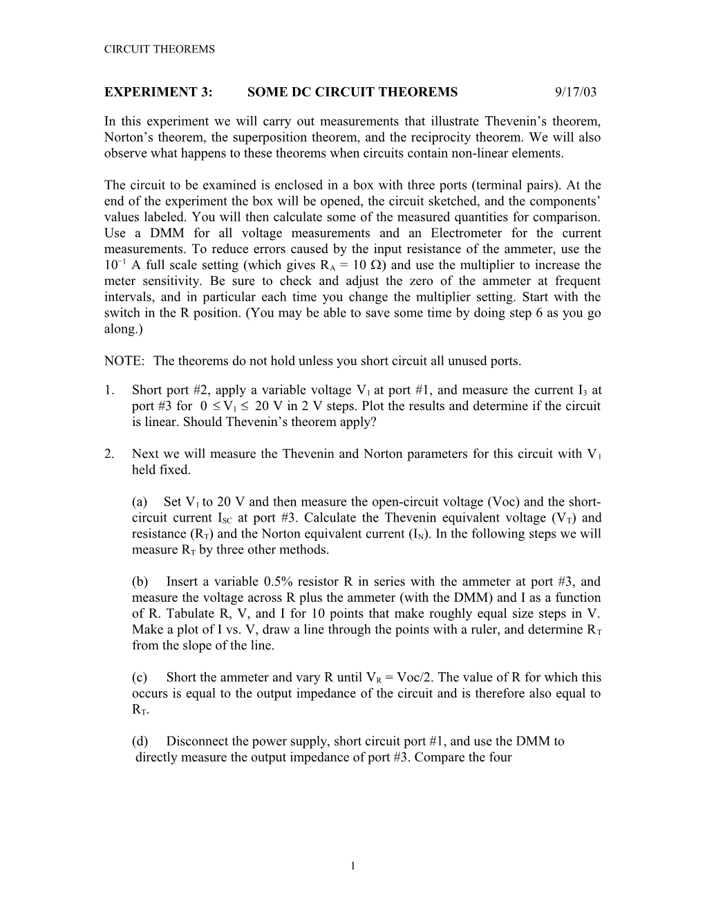 Experiment 3: Some Dc Circuit Theorems