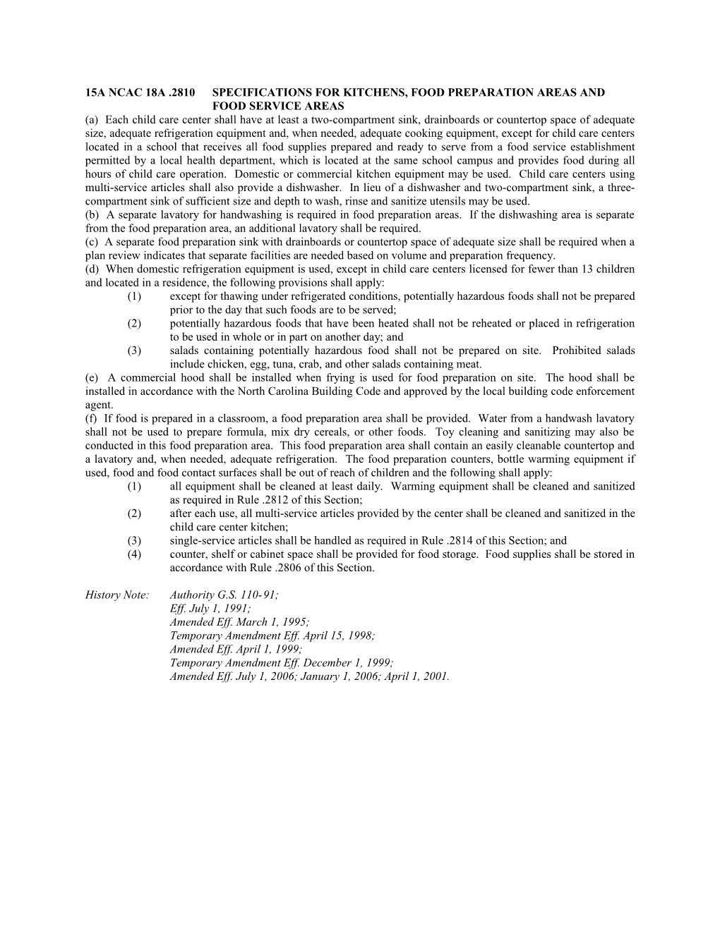 15A Ncac 18A .2810Specifications for Kitchens, Food Preparation Areas and Food Service Areas