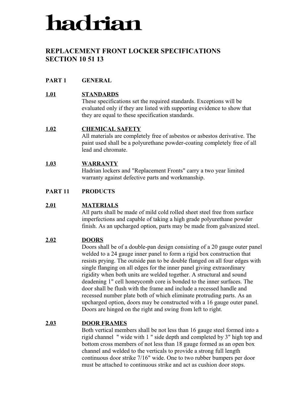 Replacement Front Locker Specifications