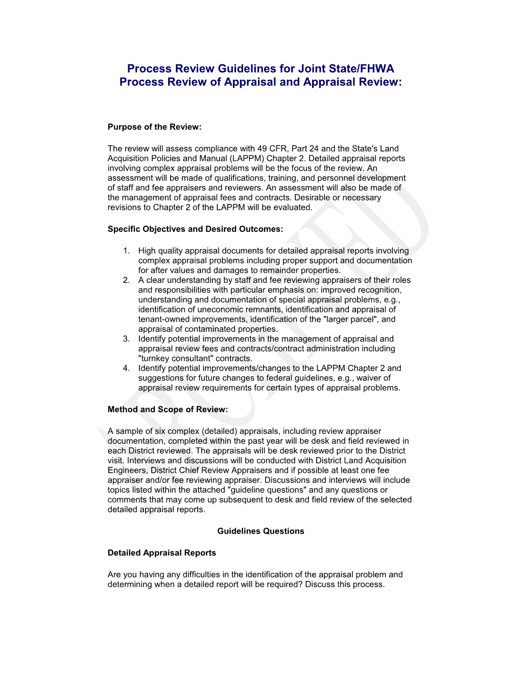 Process Review Guidelines for Joint State/FHWA Process Review of Appraisal and Appraisal Review