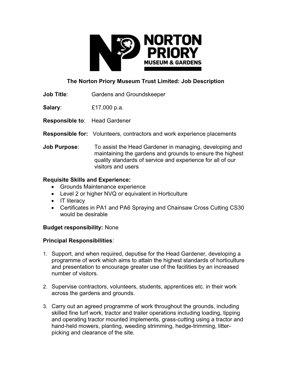 The Norton Priory Museum Trust Limited: Job Description