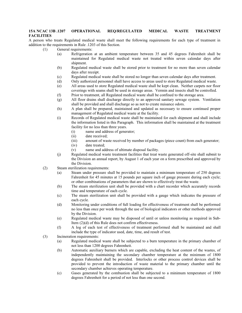 15A Ncac 13B .1207Operational Req/Regulated Medical Waste Treatment Facilities