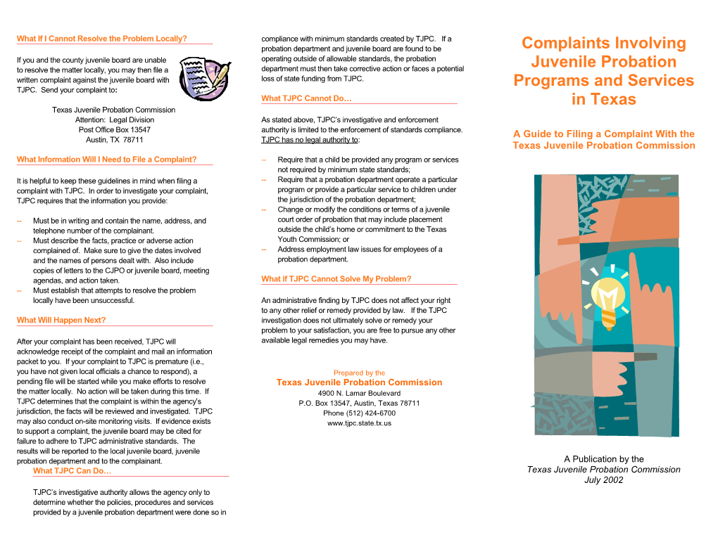 TJPC-FS-09-04 Brochure - Complaints Involving Juvenile Probation Programs and Services