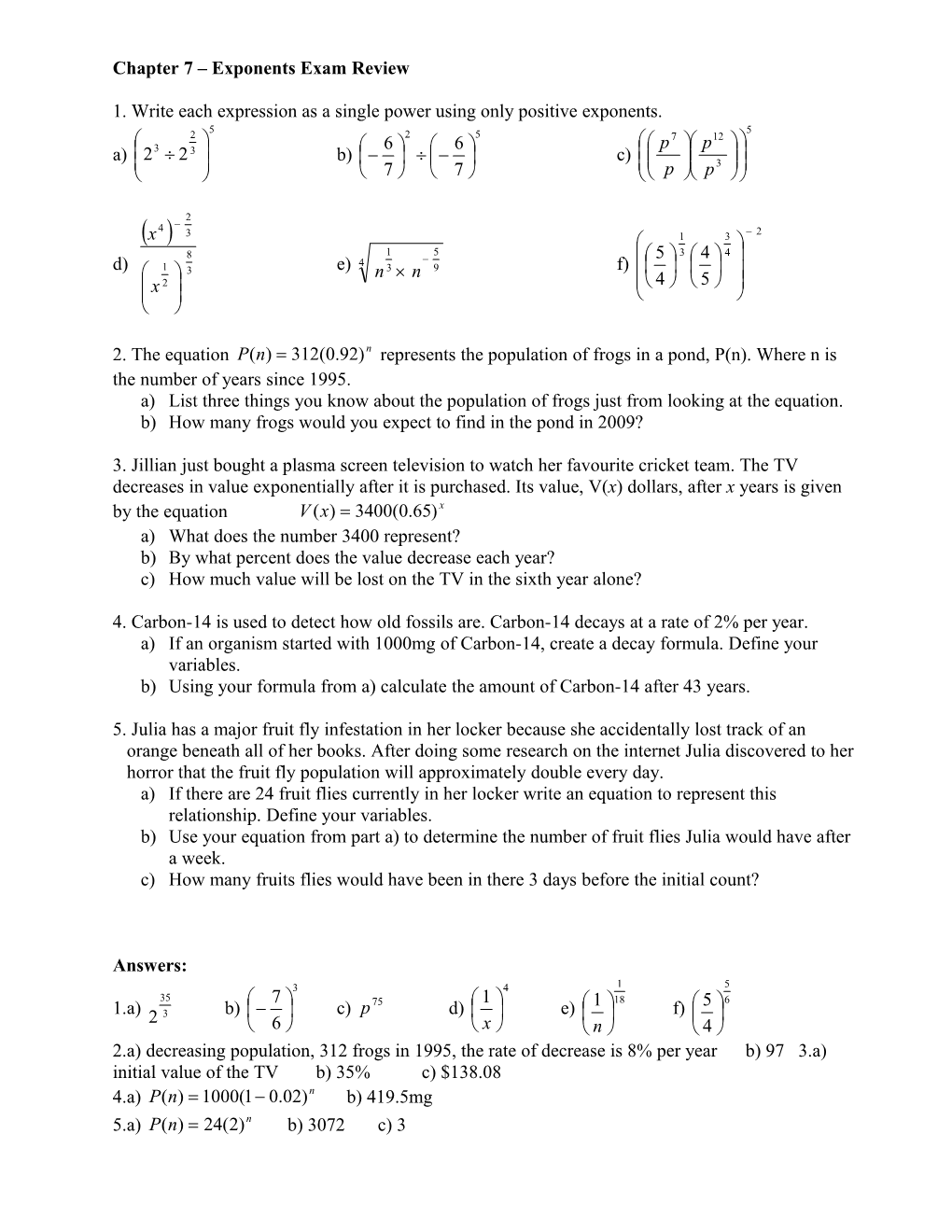 Chapter 7 Exponents Exam Review