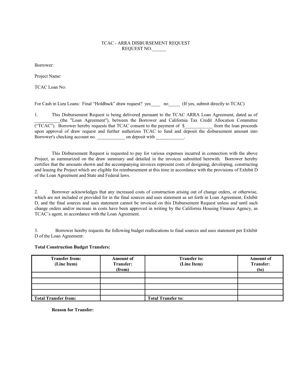 TCAC - ARRA Disbursement Request
