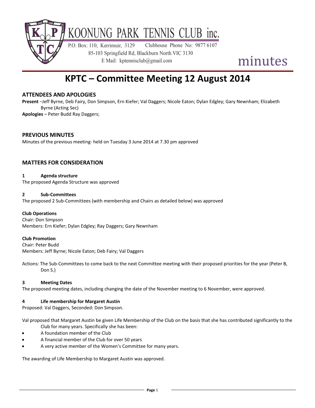 KPTC Committee Meeting 12 August 2014