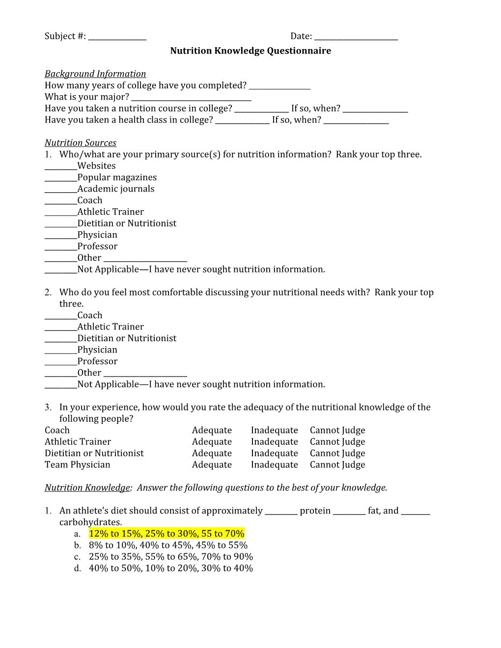 Nutrition Knowledge Questionnaire