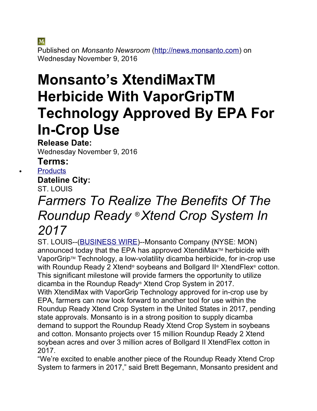 Monsanto S Xtendimaxtm Herbicide Withvaporgriptm Technology Approved by EPA for In-Crop Use