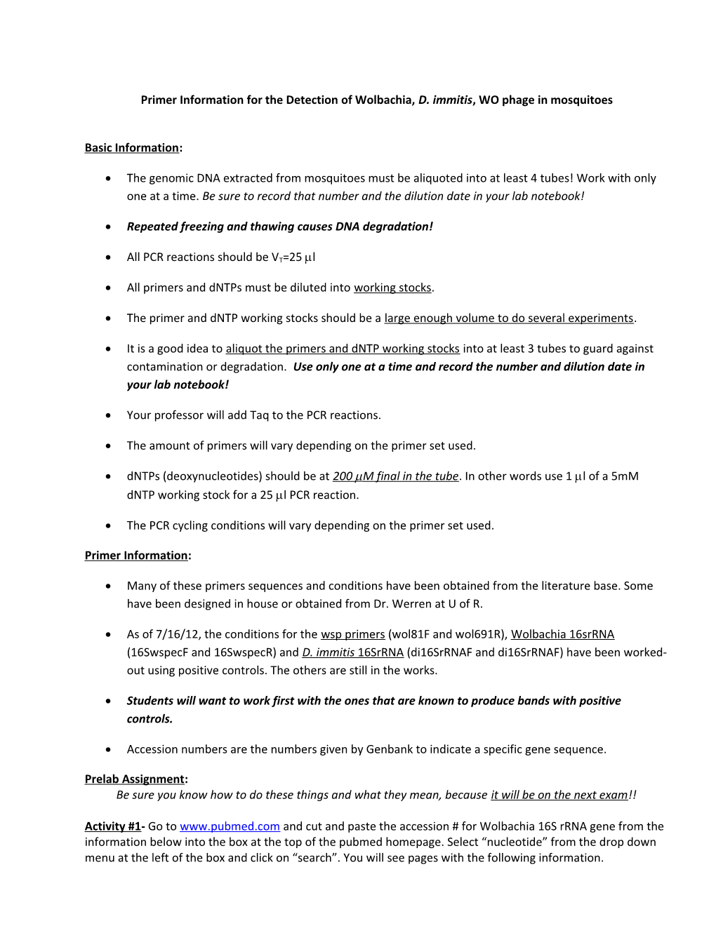 Primer Information for the Detection of Wolbachia, D. Immitis, WO Phage in Mosquitoes