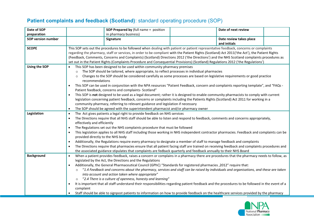 Patient Complaints and Feedback (Scotland) : Standard Operating Procedure (SOP)