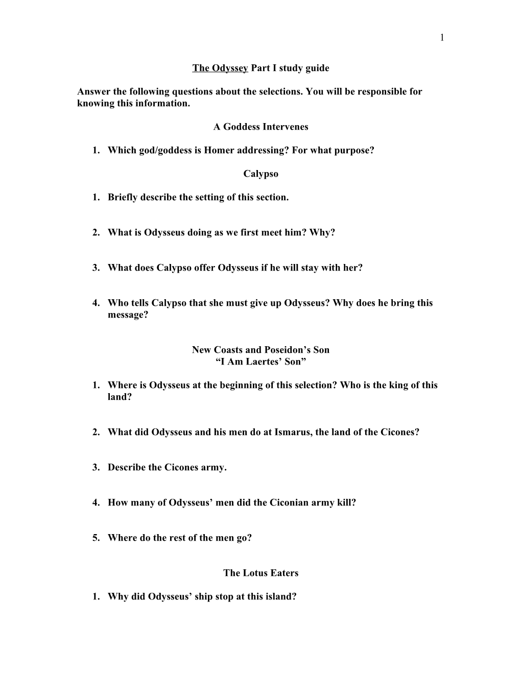 The Odyssey Part I Study Guide