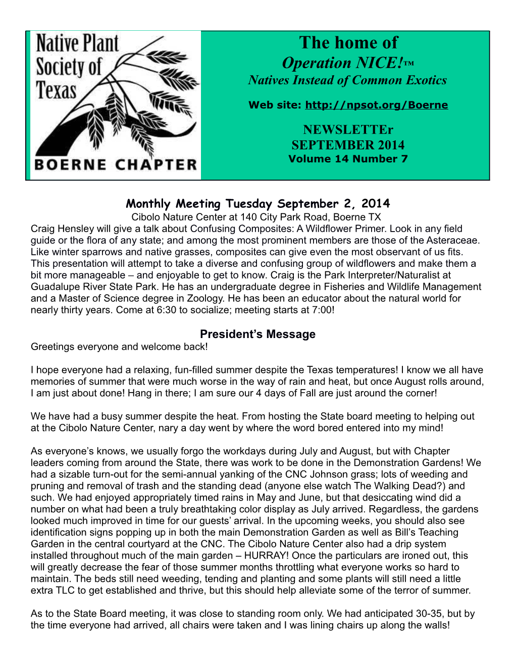 Monthly Meeting Tuesday September 2, 2014