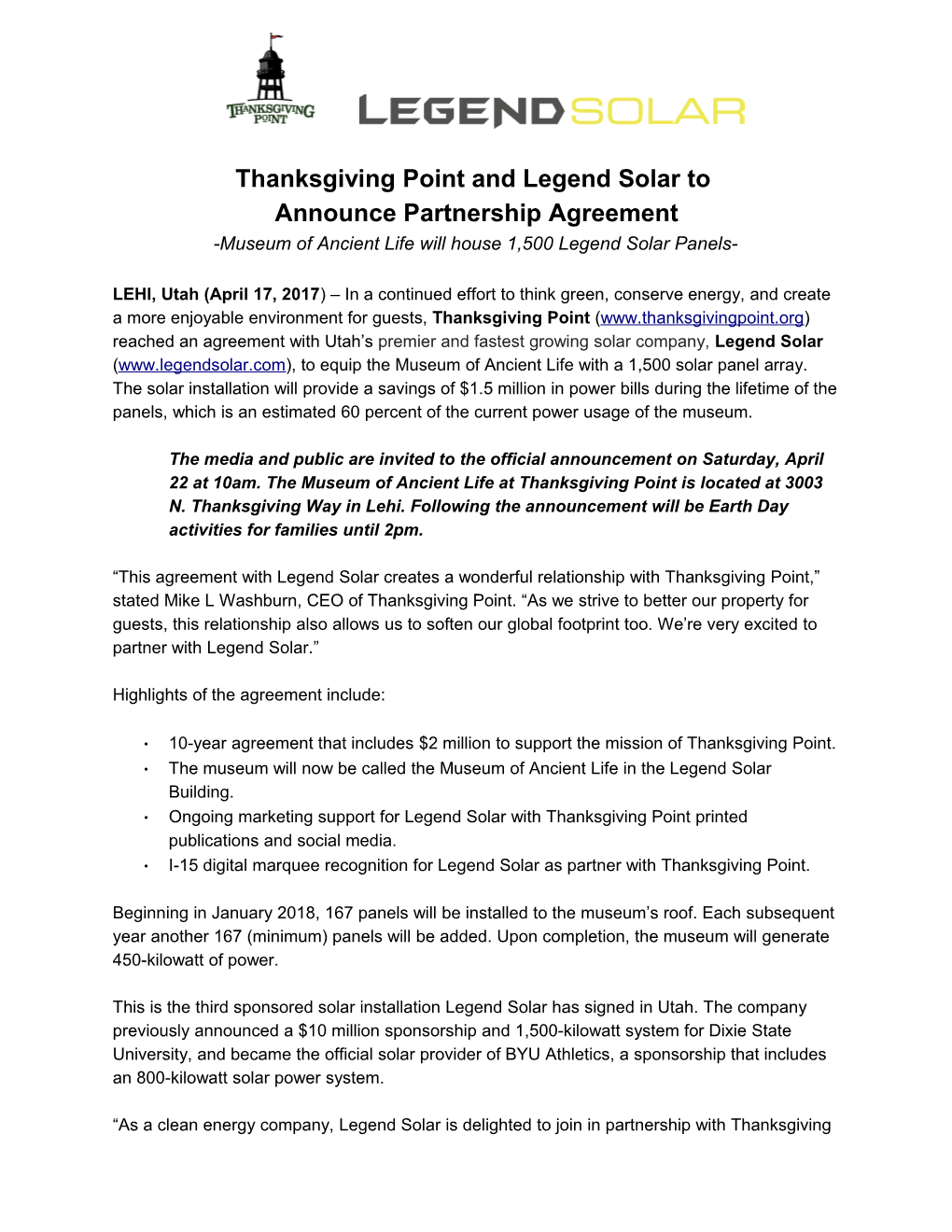 Thanksgiving Point and Legend Solar to Announce Partnership Agreement