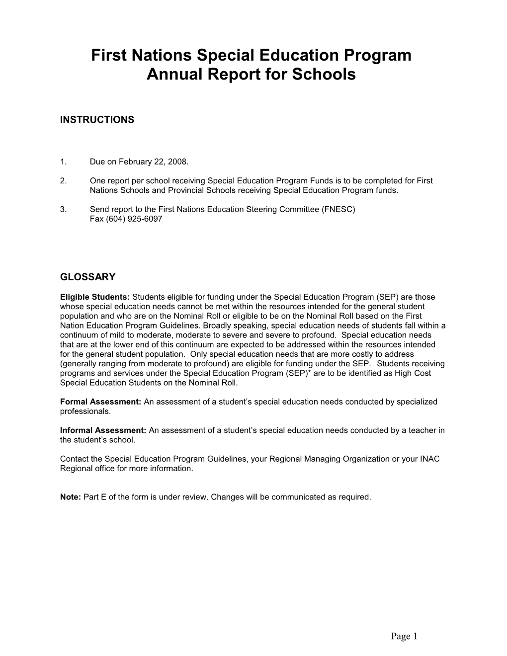 Special Education Program (SEP) Annual Report