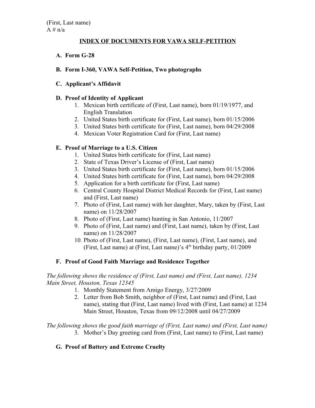 Index of Documents for Vawa Self-Petition