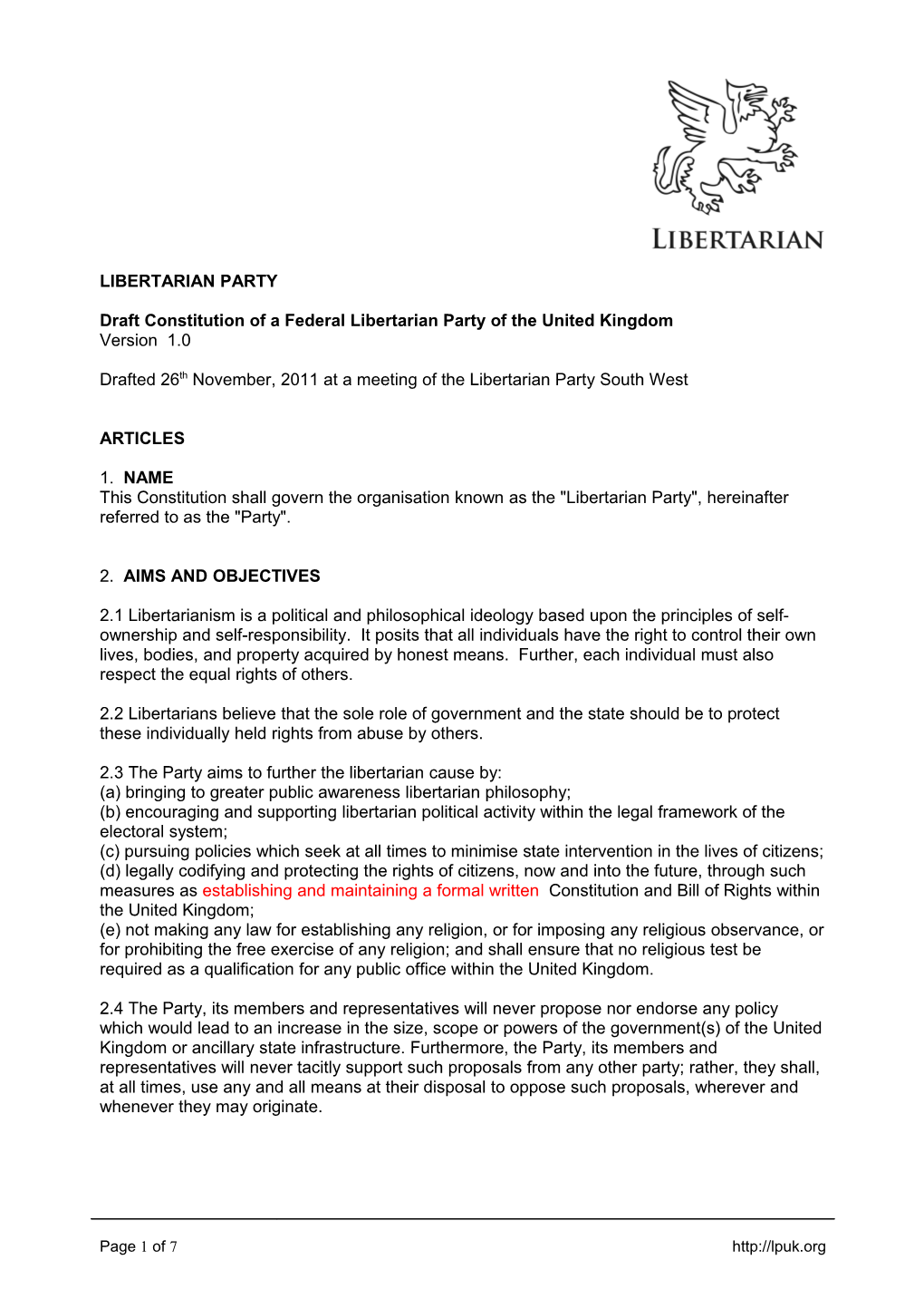 Draft Constitution of a Federal Libertarian Party of the United Kingdom