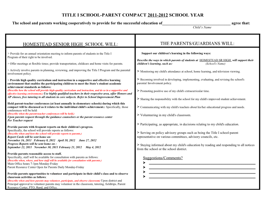 Title I School-Parent Compact 2010-2011 School Year