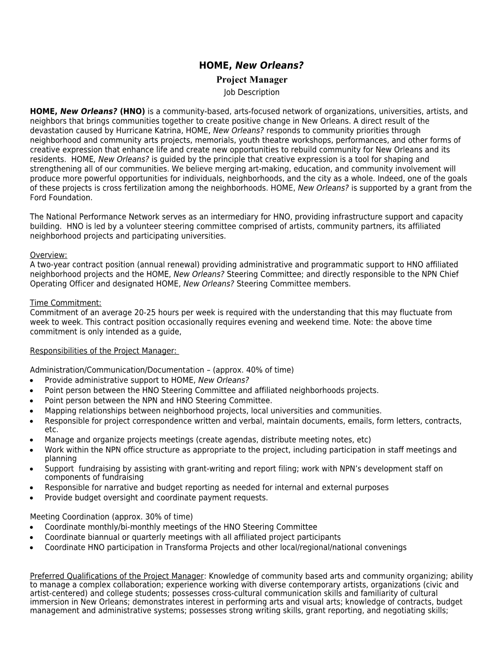 HNO Project Manager Job Description
