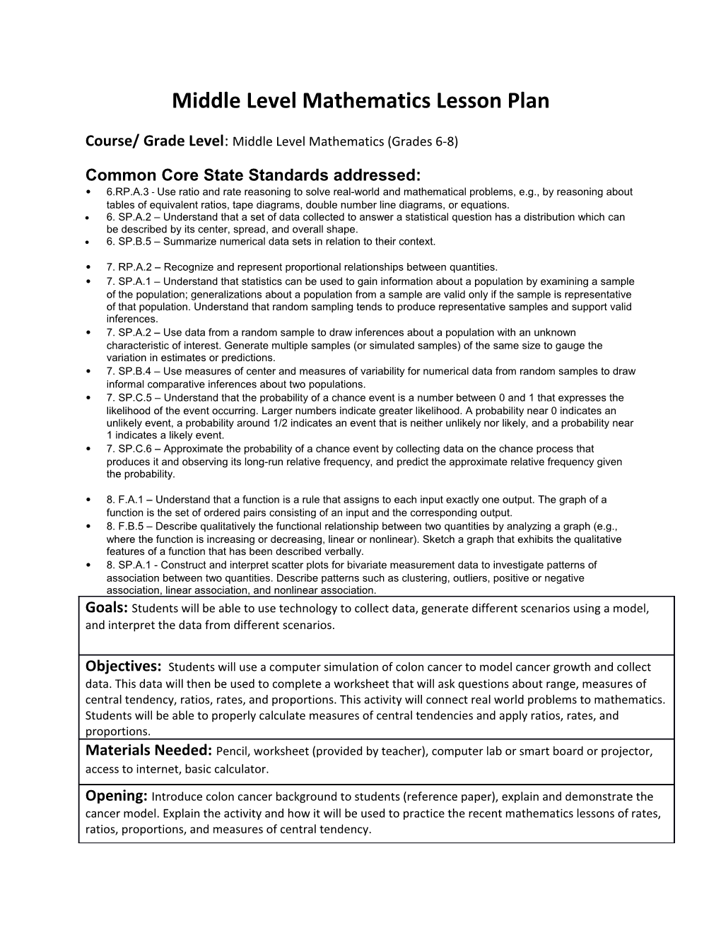 Middle Level Mathematics Lesson Plan