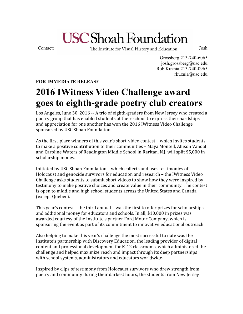 2016 Iwitness Video Challenge Award Goes to Eighth-Grade Poetry Club Creators