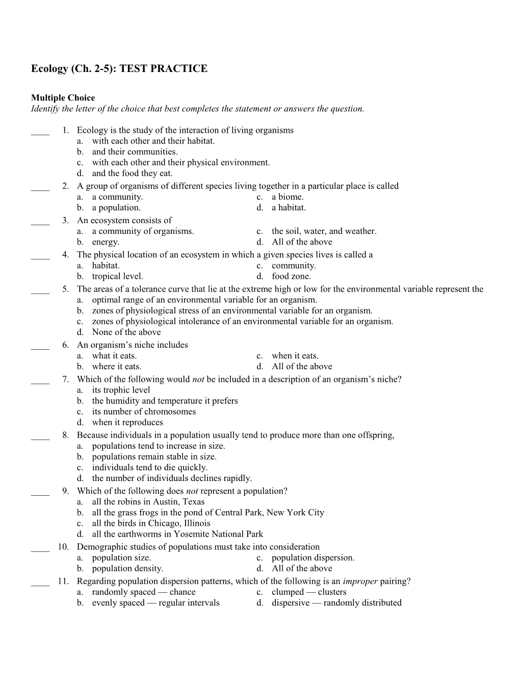 Ecology (Ch. 2-5): TEST PRACTICE