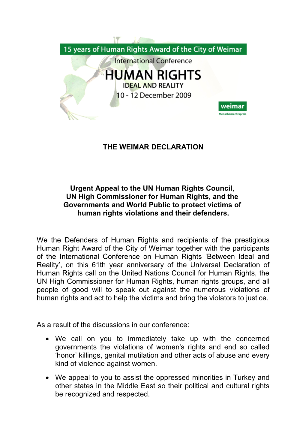 Urgent Appeal to the UN Human Rights Council