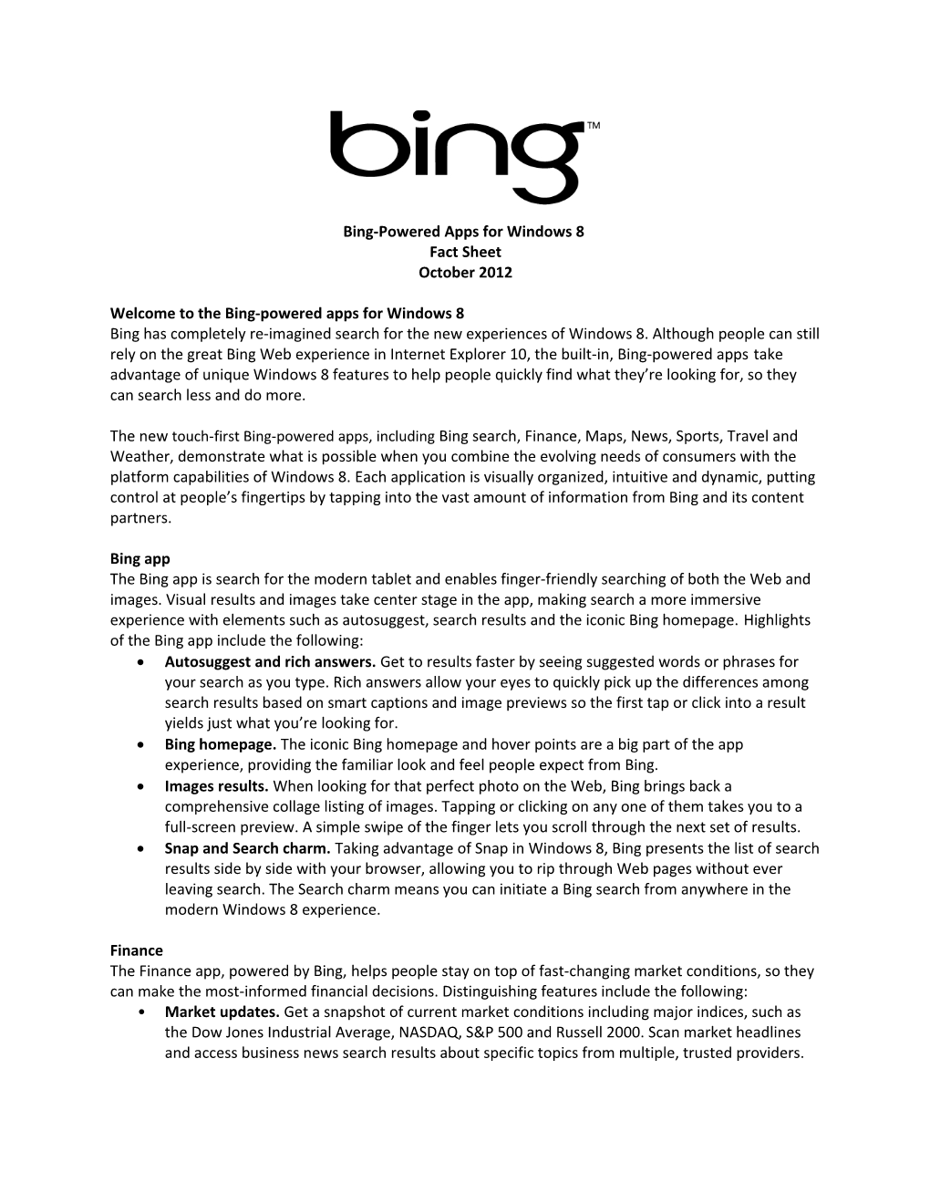 Bing for Windows 8 Fact Sheet