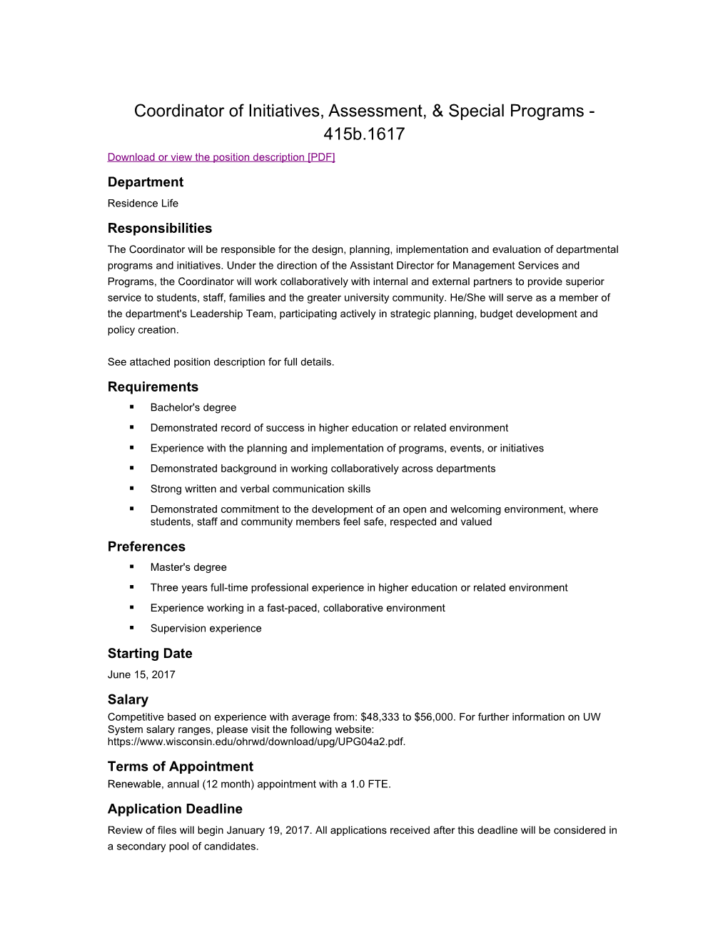 Coordinator of Initiatives, Assessment, & Special Programs - 415B.1617