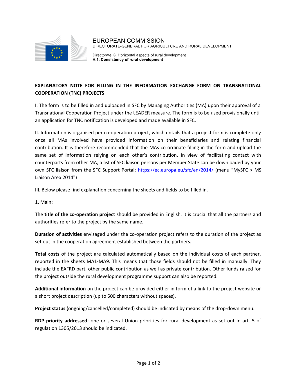 Explanatory Note for Filling in the Information Exchange Form on Transnational Cooperation