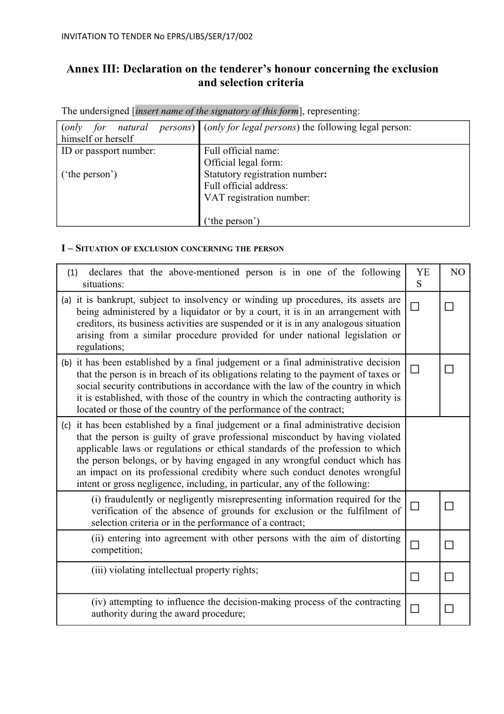 INVITATION to TENDER No EPRS/LIBS/SER/17/002