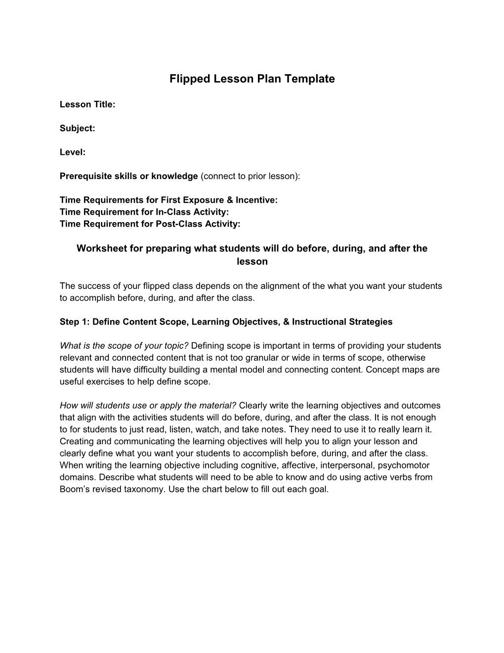 Flipped Lesson Plan Template