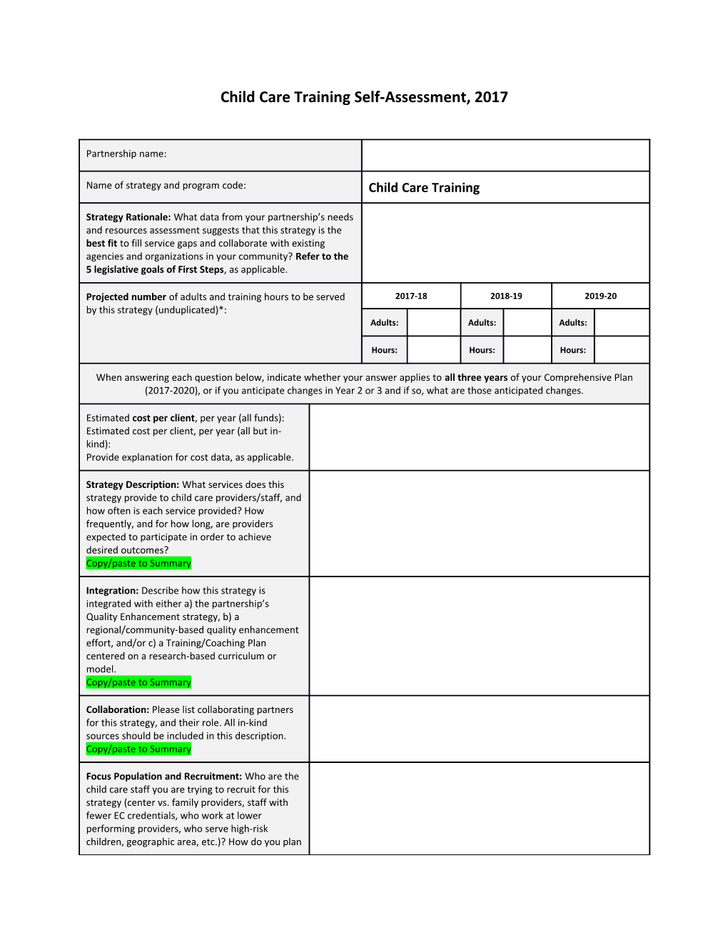 Child Care Training Self-Assessment, 2017