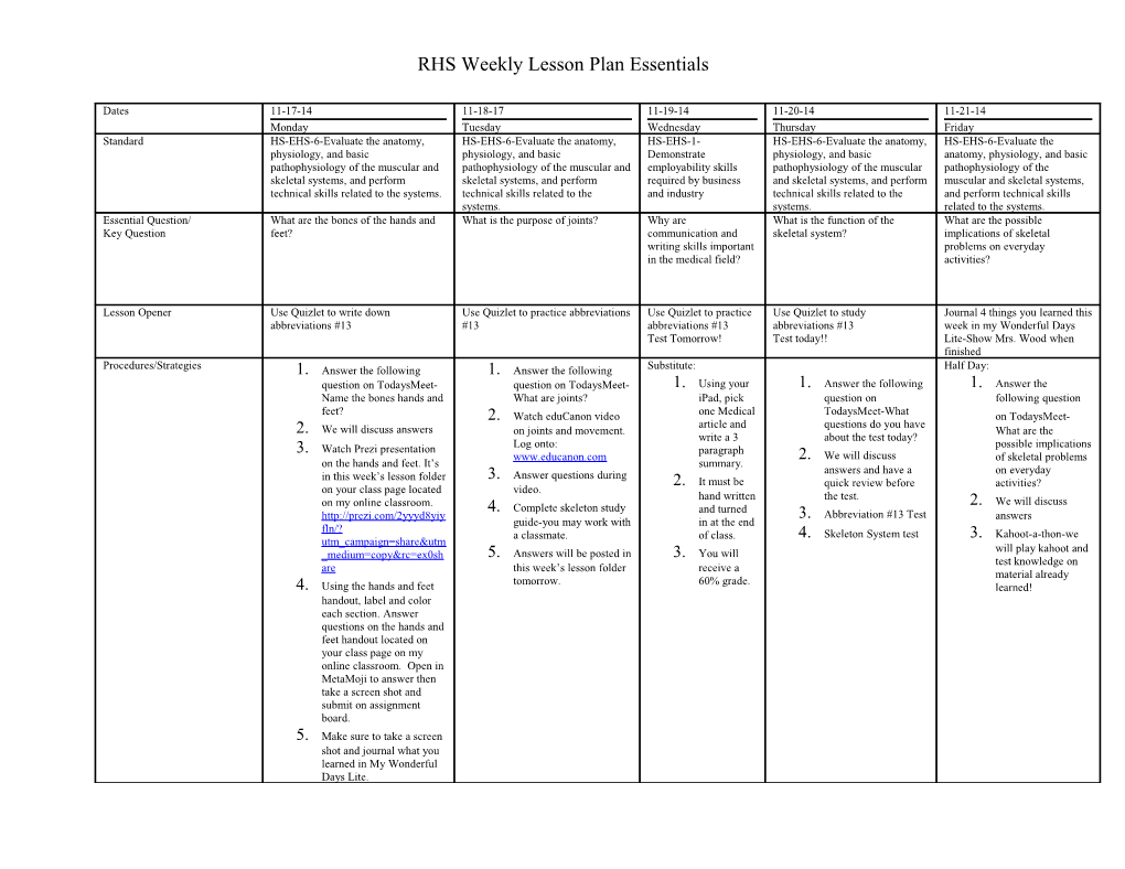 RHS Weekly Lesson Plan Essentials