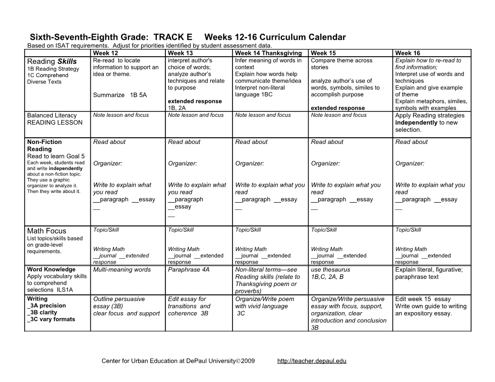 Kindergarten: Weeks 11-15 Curriculum Calendar