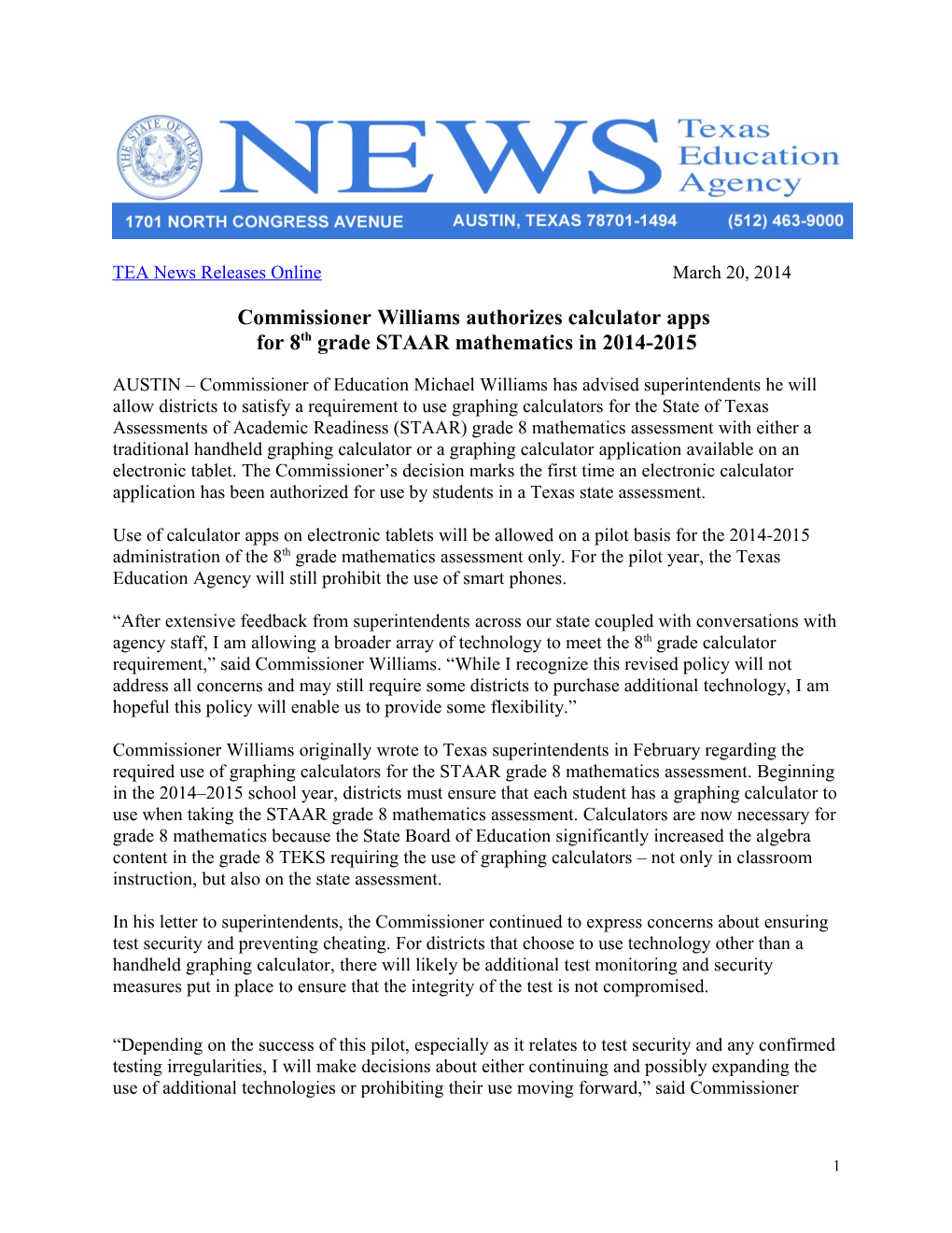 Commissioner Williams Authorizes Calculator Apps for 8Th Grade STAAR Mathematicsin 2014-2015