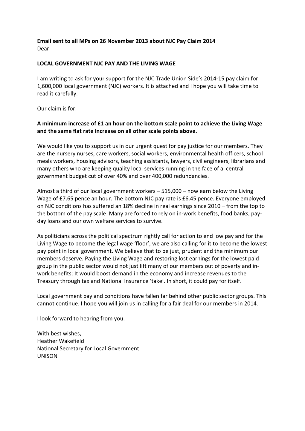 NJC Pay 14 Mps Letter from Heather Wakefield