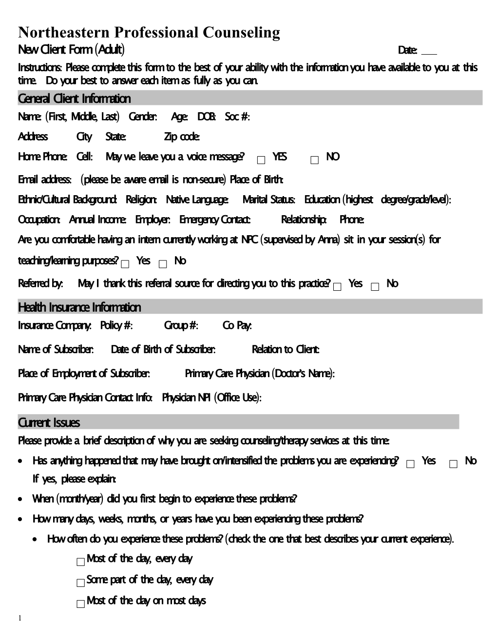 New Client Form (Adult) Date