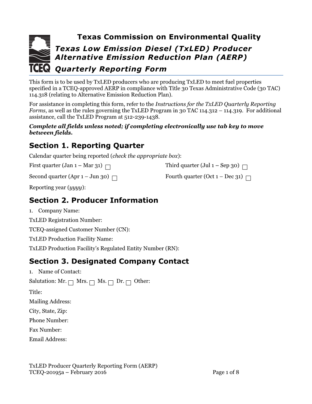 Texas Low Emission Diesel (Txled) Producer Alternative Emission Reduction Plan (AERP)