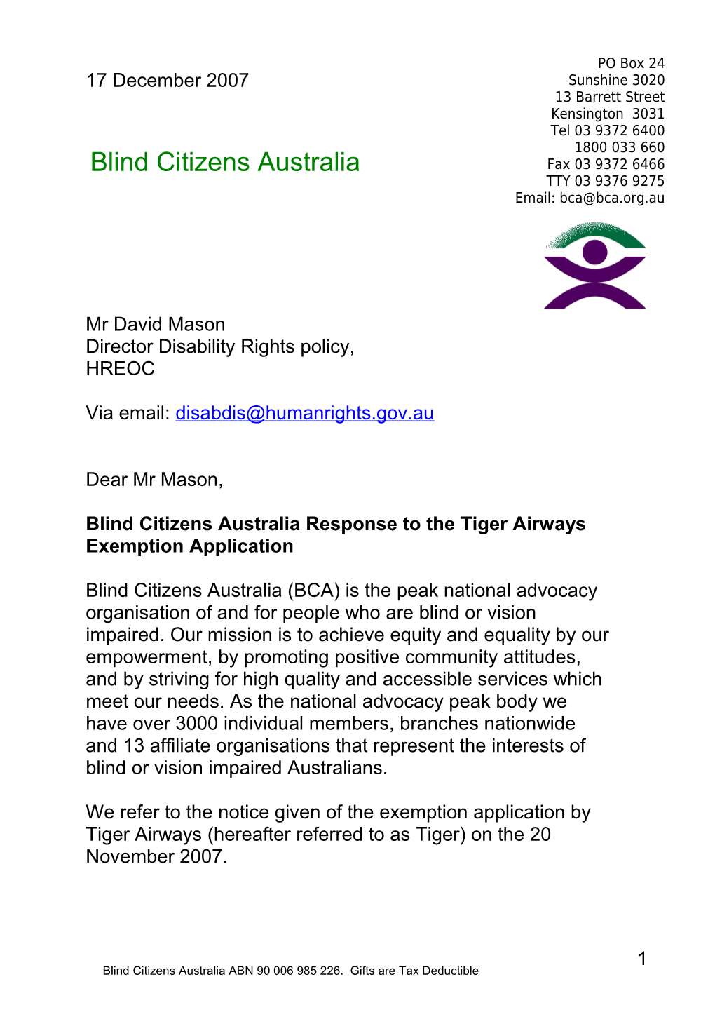 Blind Citizens Australia Response to the Tiger Airways Exemption Application