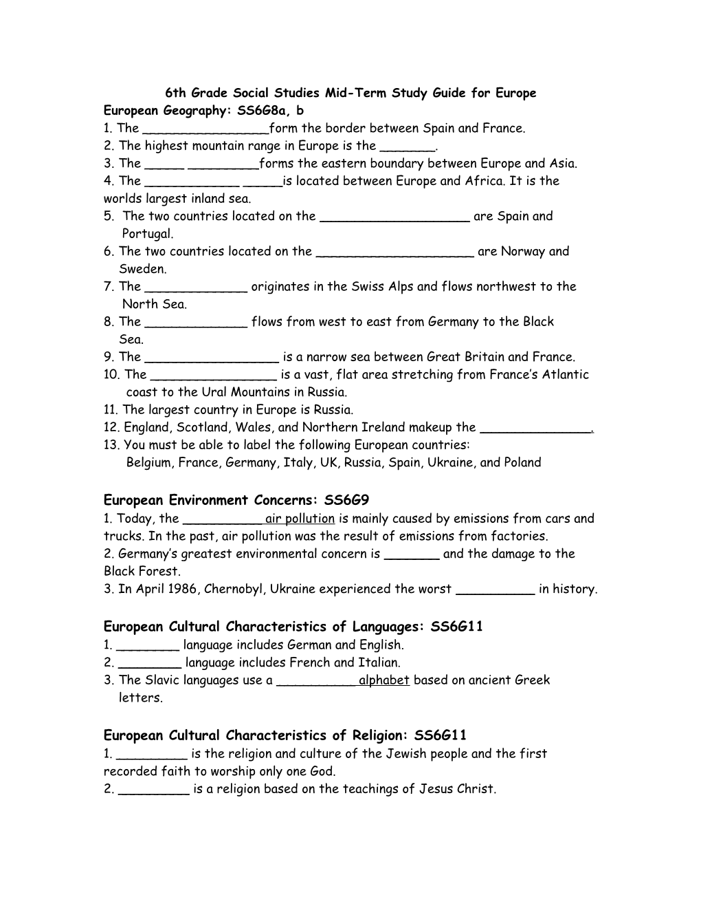 6Th Grade Social Studies Mid-Term Study Guide for Europe