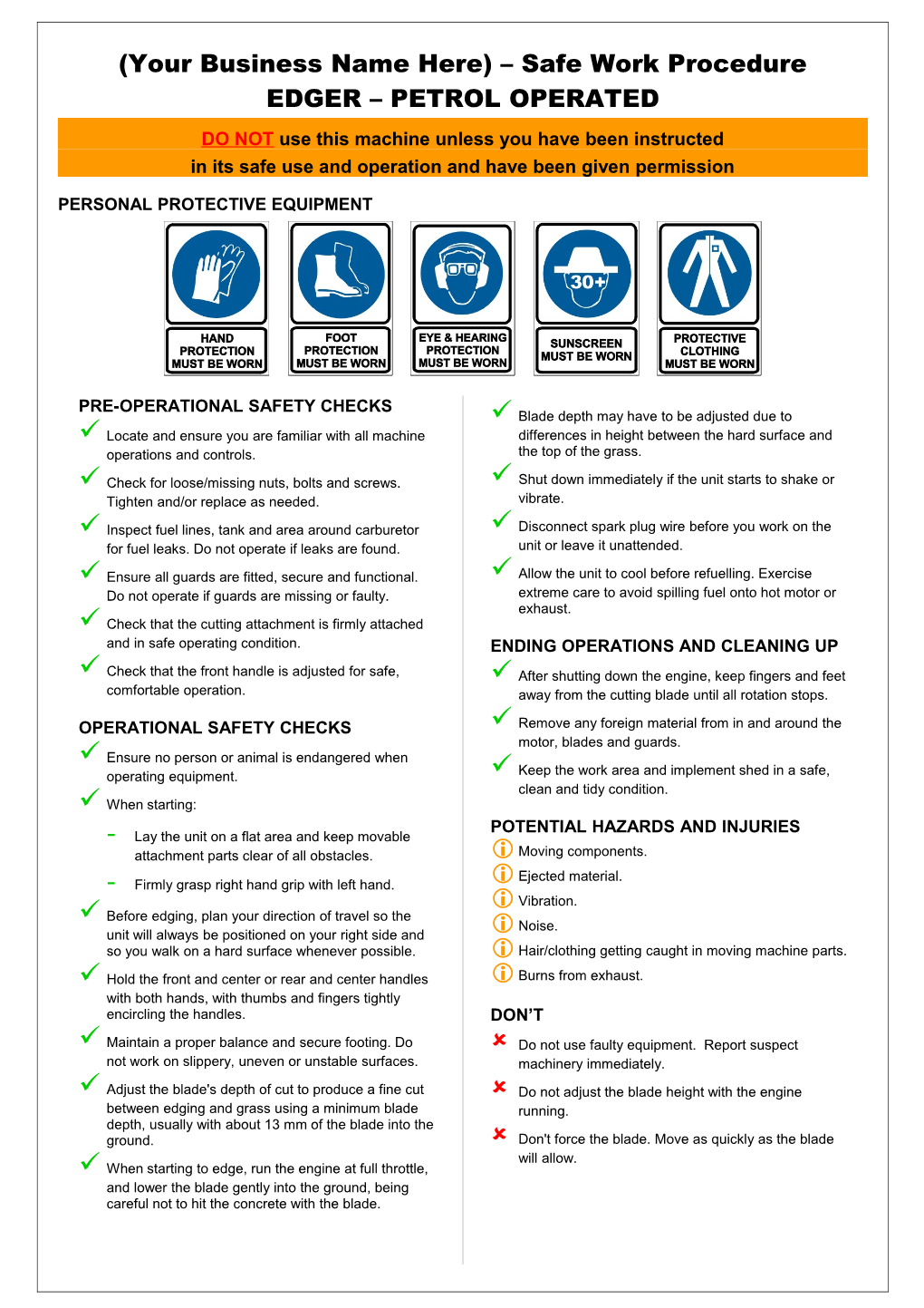 Safety Operating Procedures - Edger - Petrol Operated