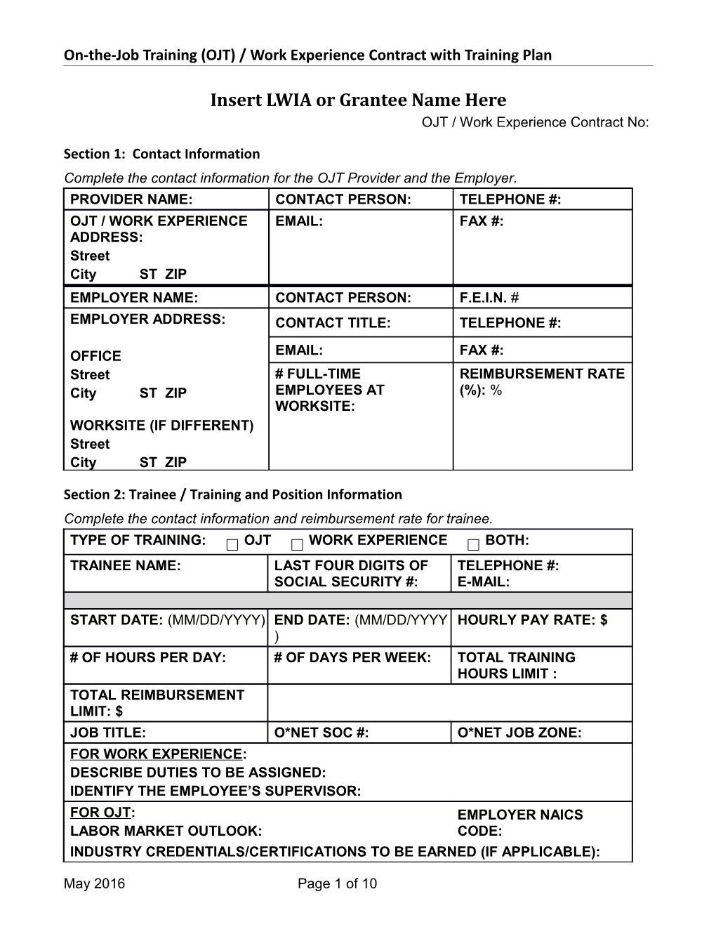 OJT Contract with Training Plan Template