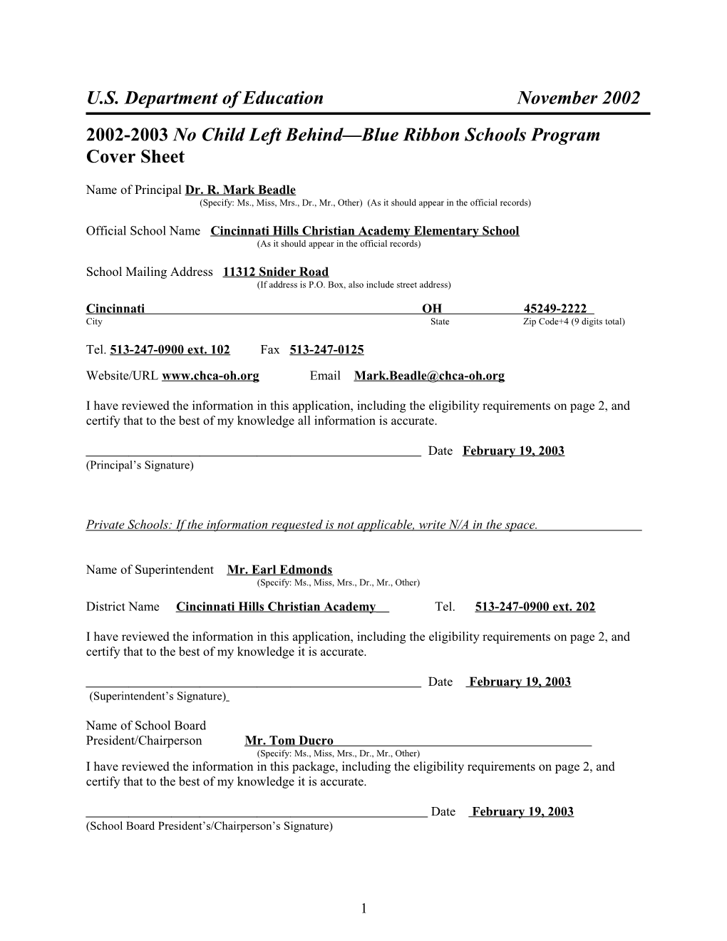 Cincinnati Hills Christian Academy Edyth B. Lindner Elementary School 2003 No Child Left