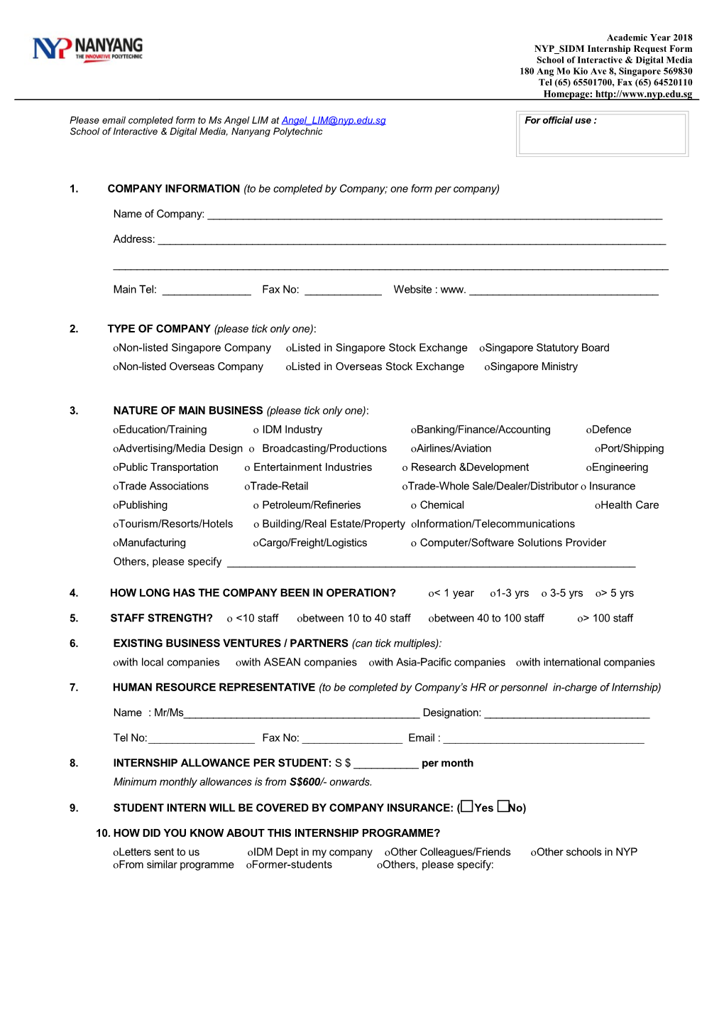 1. COMPANY INFORMATION (To Be Completed by Company; One Form Per Company)