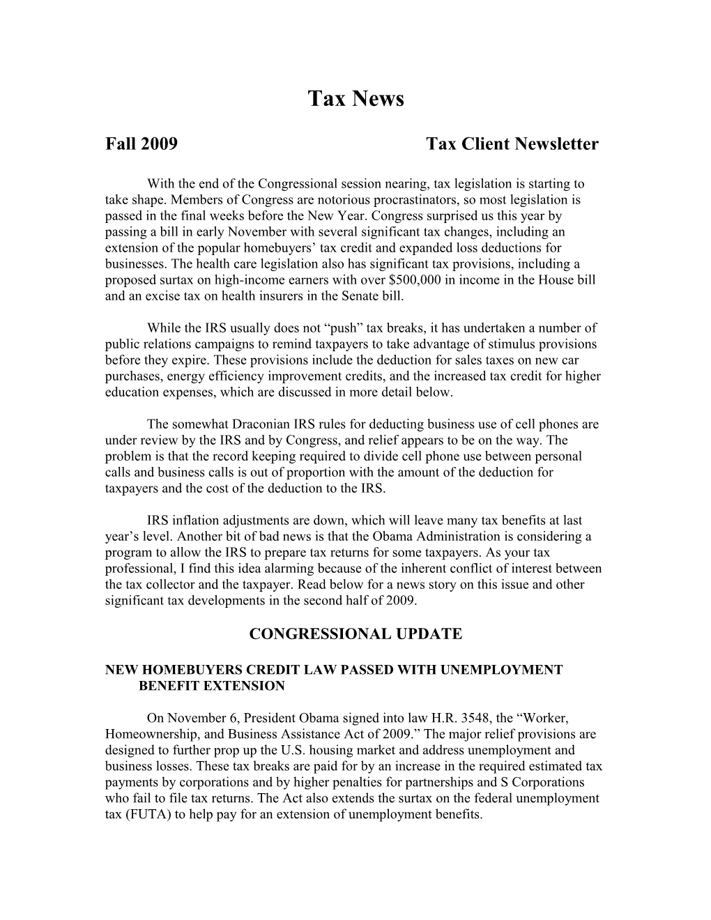 Fall 2009 Tax Client Newsletter